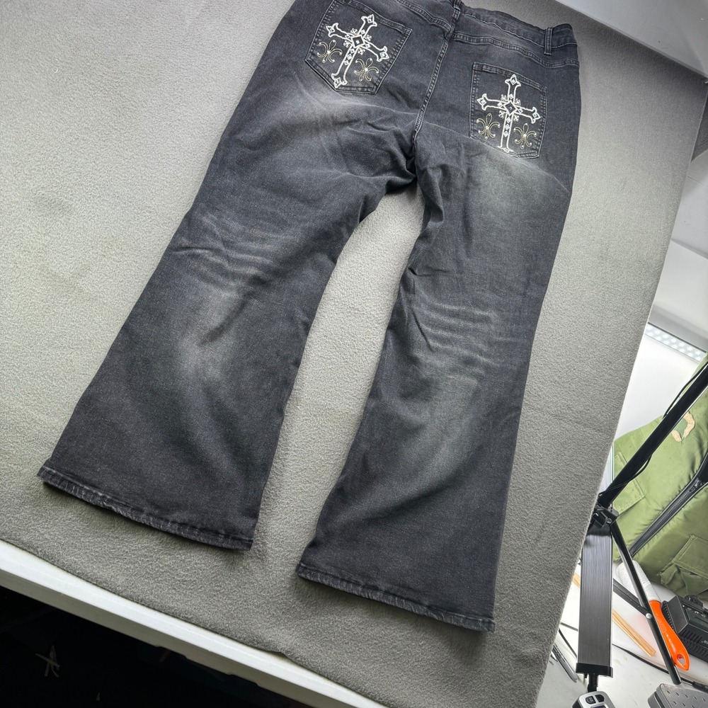 Romwe Jeans Women 2XL W39 Black Cross Embroidered Flare Plus Denim Gothic Y2K - Picture 6 of 11